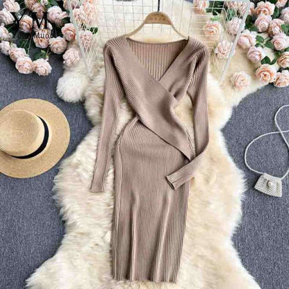 Pink V-neck Cross Slim Waist Long Sleeve Knit Sweater Dress Ar1018