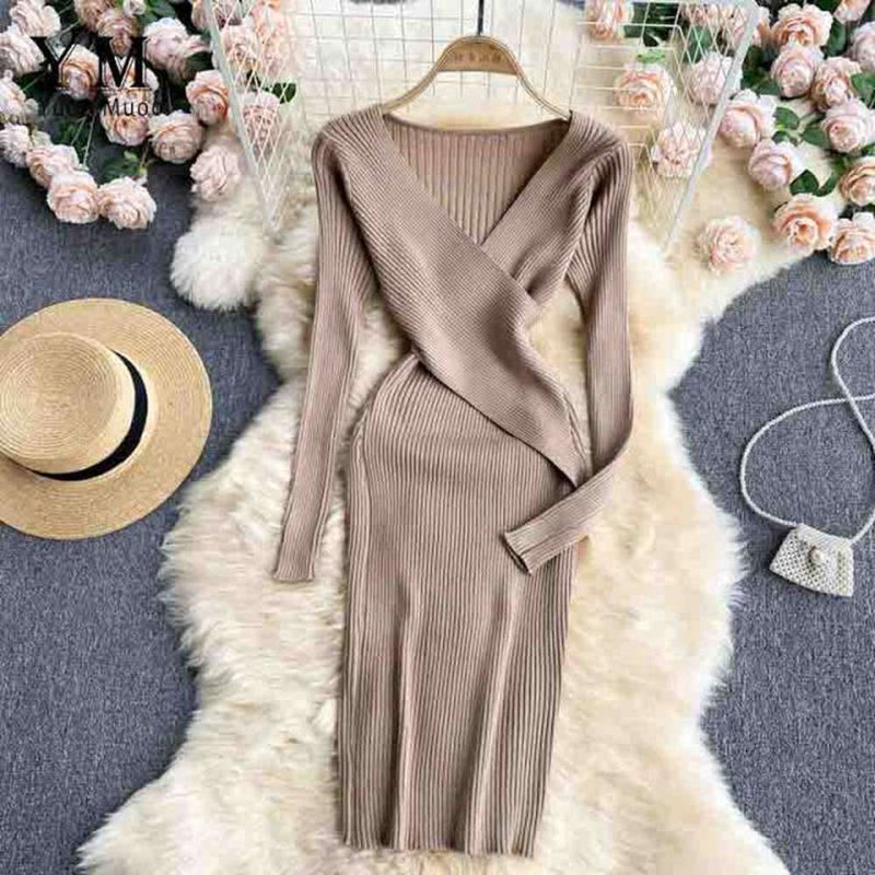 Pink V-neck Cross Slim Waist Long Sleeve Knit Sweater Dress Ar1018