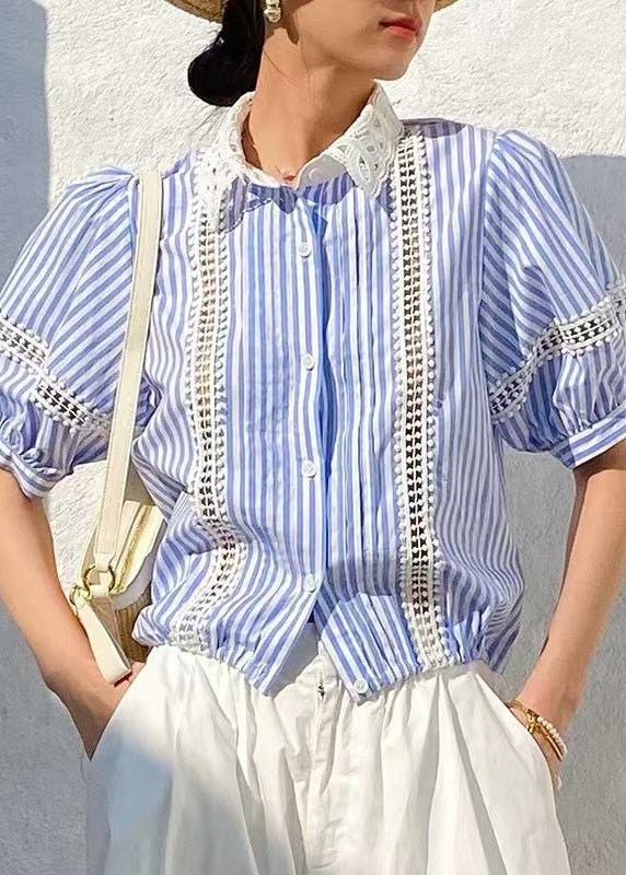 Out Blue Striped Cotton Summer Hollow Blouses