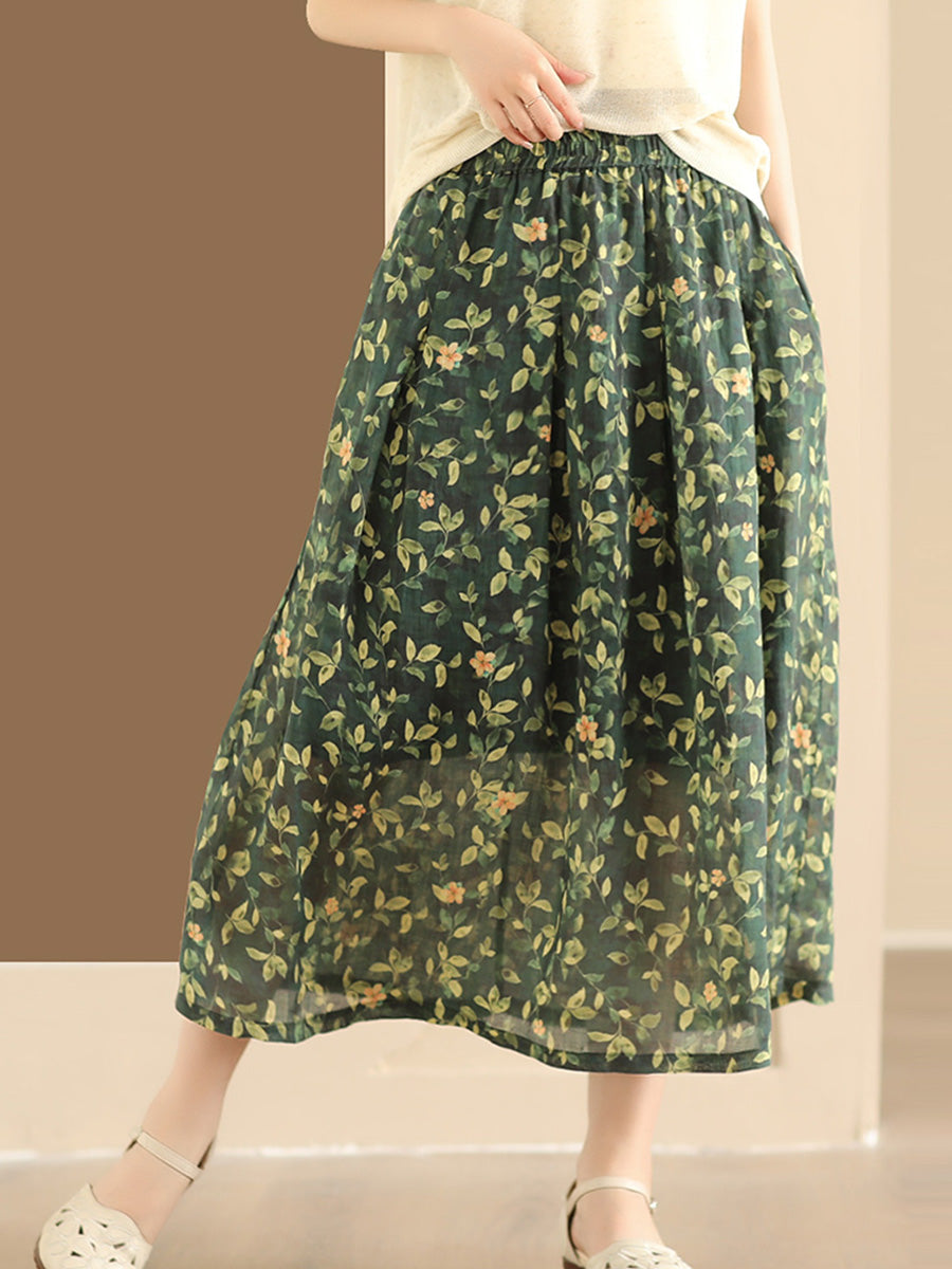 Artsy Summer Flower Ramie A-shape Skirt Co1025