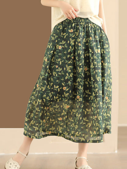 Artsy Summer Flower Ramie A-shape Skirt Co1025