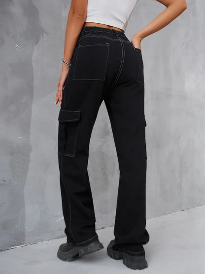 Elastic Waist Relaxed Fit Denim Cargo Pants