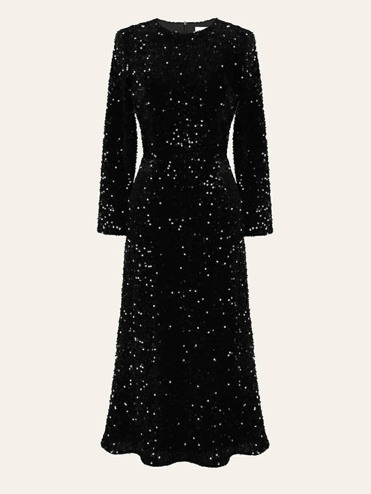 Sequin Decorated Velvet Midi Dress in Black