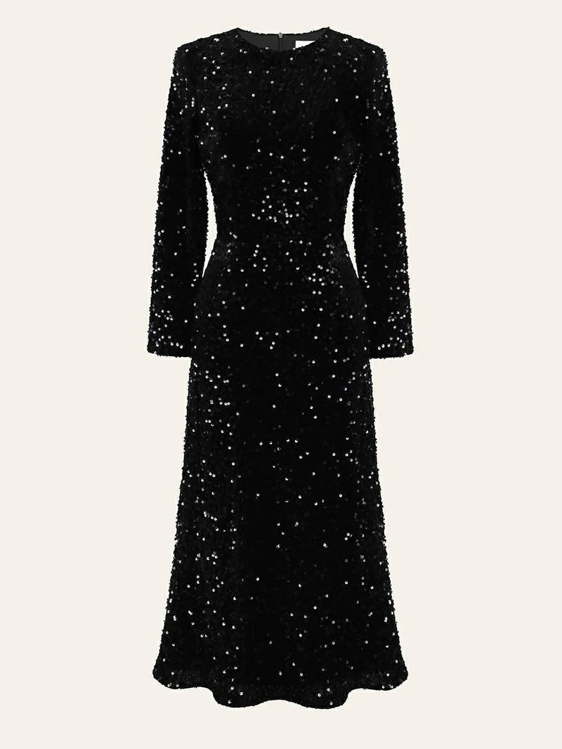 Sequin Decorated Velvet Midi Dress in Black