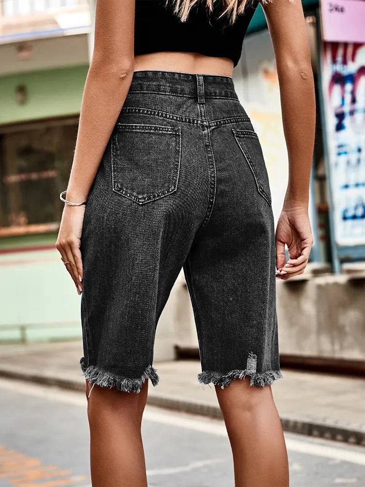 Distressed Fringe Hem Denim Shorts