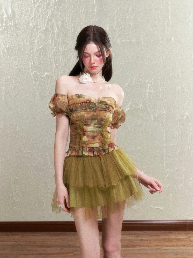 Retro Rose Tulle Frill Top & Mini Skirt