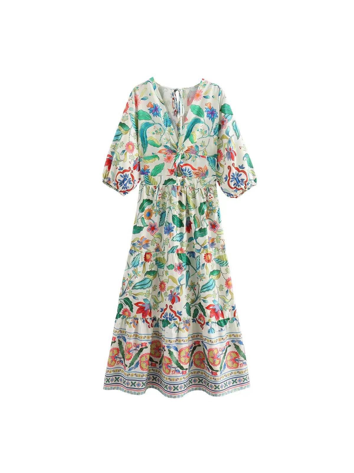 Print V Neck Flare Maxi Dress