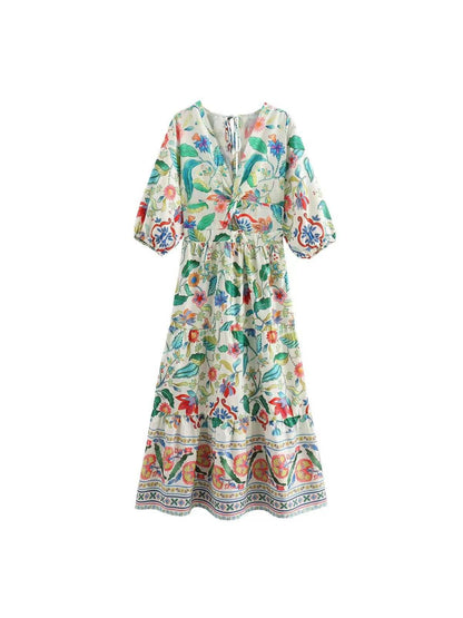 Print V Neck Flare Maxi Dress