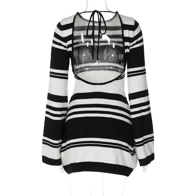 Knitted Backless Dress for Autumn Slim Color Block Mini Dresses Holiday Lace Up High Waist Dress Woman