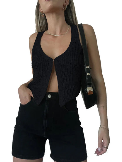 Backless Knit Slim Cardigan Y2k Top for Sleeveless Knitwear Coat Tank Top Patchwork Cardigan