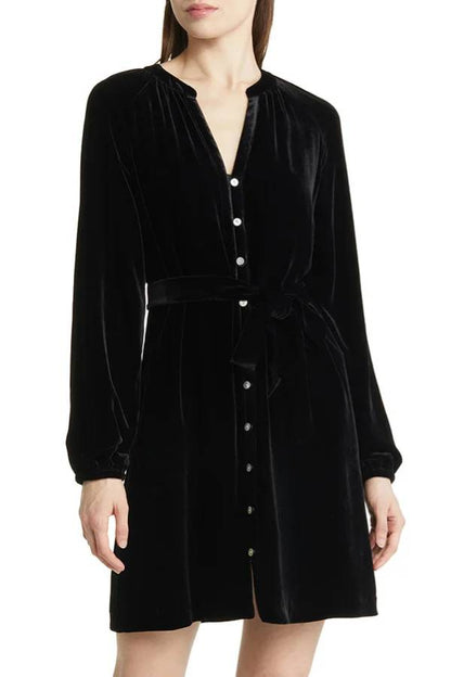 Color Velvet Long-sleeved V-neck Lace-up Mini Dress