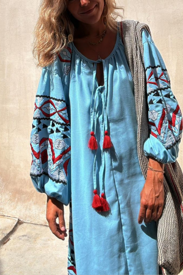 Blue V-neck Tie Style Retro Print Long Skirt