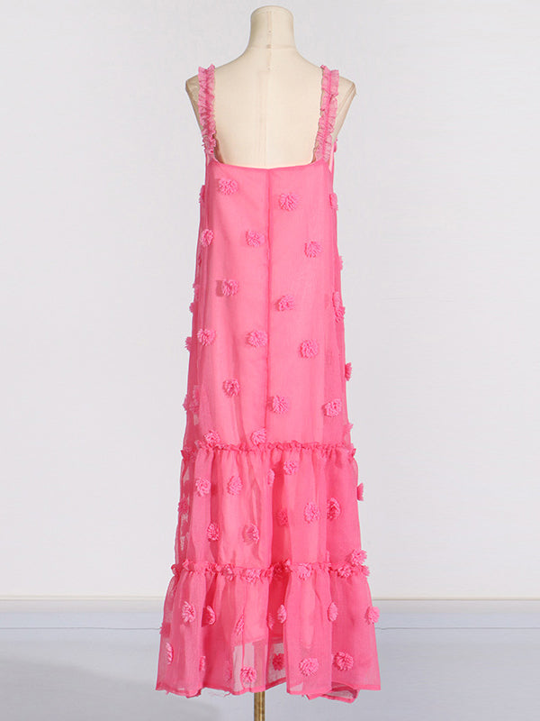 A-line High Waisted Layered Pleated Split-joint Three-dimensional Flower Spaghetti-neck Maxi Dresses