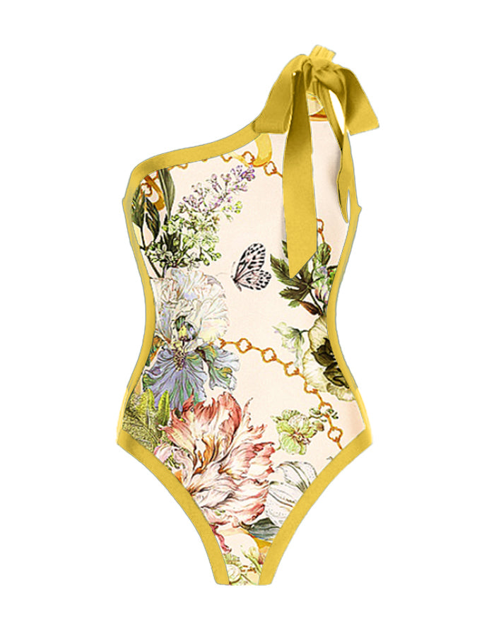 One Shoulder Print One Piece Swimsuit and Skirt