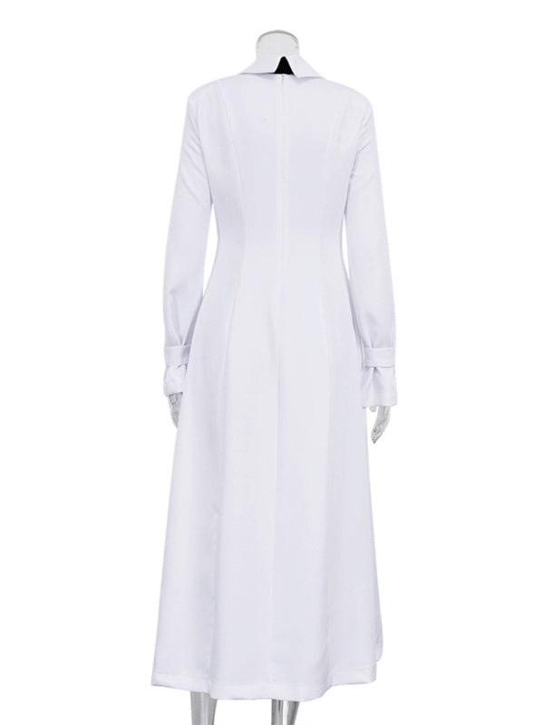 A-line Flared Sleeves Buttoned Color Split-joint Split-side Lapel Maxi Dresses Shirt Dress