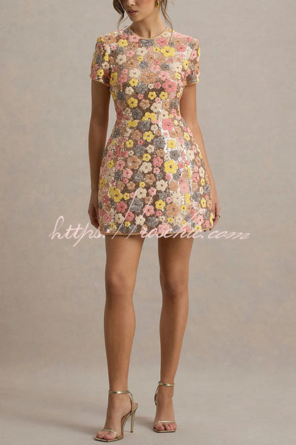 80's Inspired Print Sequin Short Sleeve Stretch Mini Dress