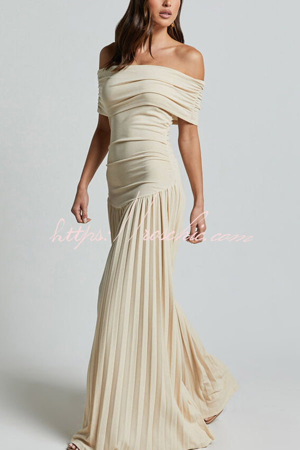 Off-shoulder Slim Fit Pleated Maxi Dress