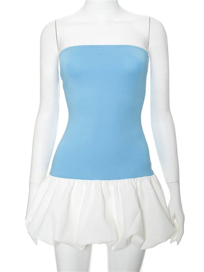 Summer Ruffled Mini Dress for Contrast High Waist Bandeau Patchwork Backless Dress Female Mini Dress