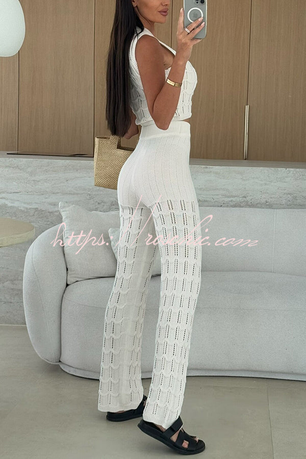 Color Hollow Sleeveless Round Neck Knitted Vest and Stretch Straight Pants Set
