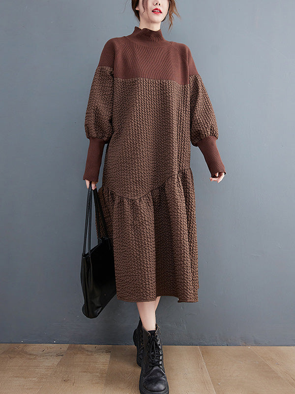 Long Sleeves Loose Split-joint Jacquard High-neck Sweater Dresses