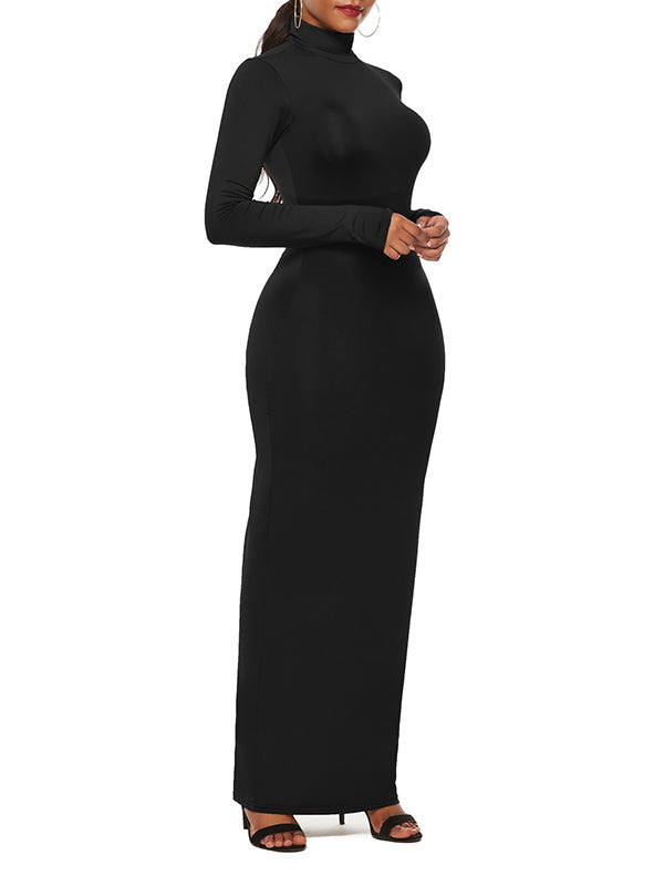 Bodycon Long Sleeves Color High Neck Maxi Dresses