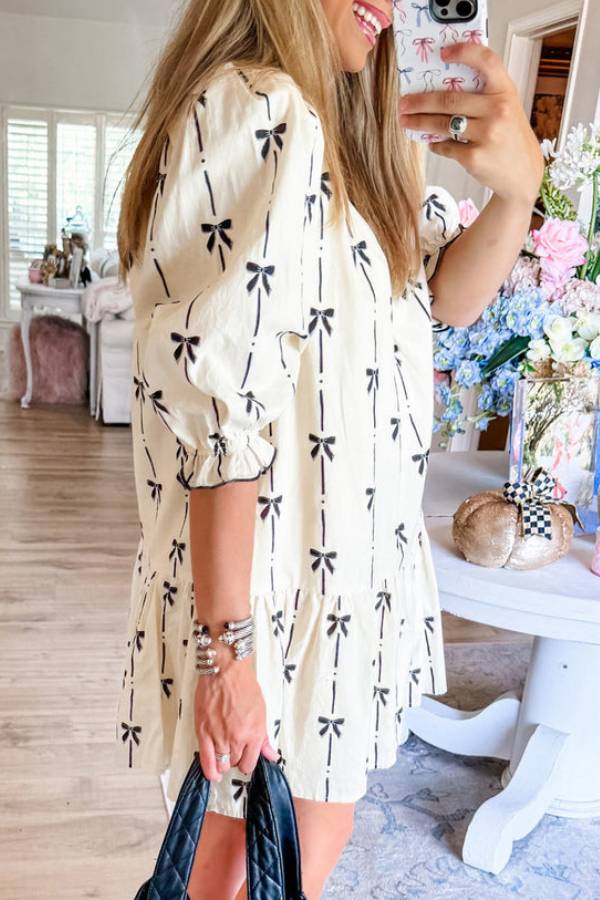 Beige Bowknot Printed Bubble Sleeve V Neck Mini Dress