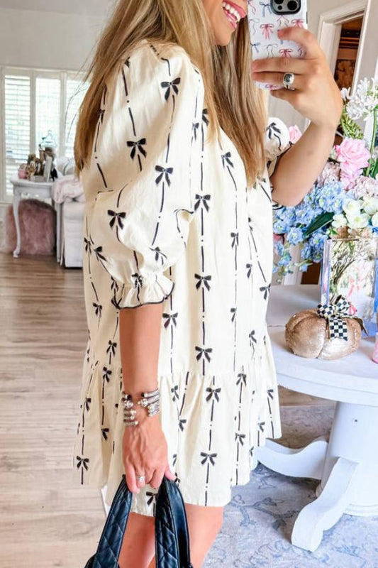 Beige Bowknot Printed Bubble Sleeve V Neck Mini Dress