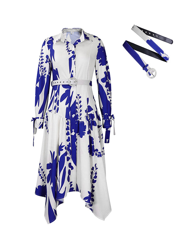 Irregular Clipping Long Sleeves Lace-up Pleated Printed Split-joint Tied Waist Lapel Maxi Dresses Shirt Dress