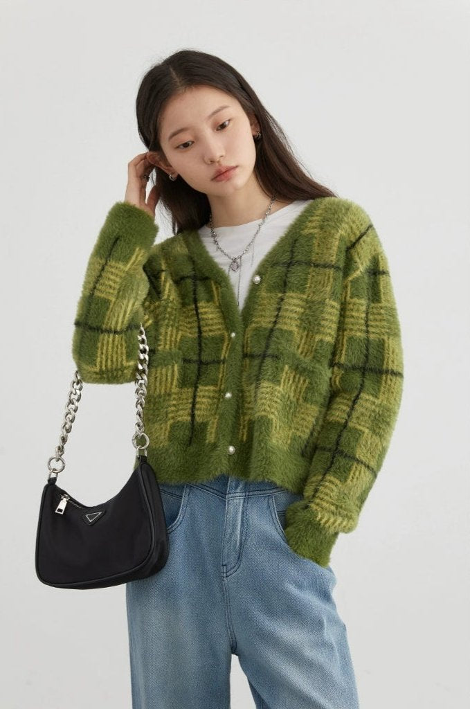 Plaid Fuzzy Cropped Cardigan