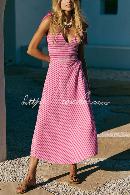 Striped Print V-neck Lace-up Backless Holiday Midi Dress