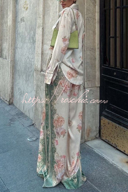 Antibes Satin Court Unique Printed Long Sleeve Loose Shirt and Elastic Waist Pants Set