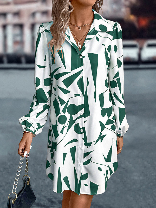 Loose Puff Sleeves Printed Split-joint Lapel Mini Dresses Shirt Dress