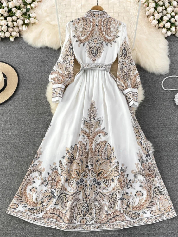 Long Dress Print A-line Ruffled Party Dresses Long Sleeve Long Robe Vestidos