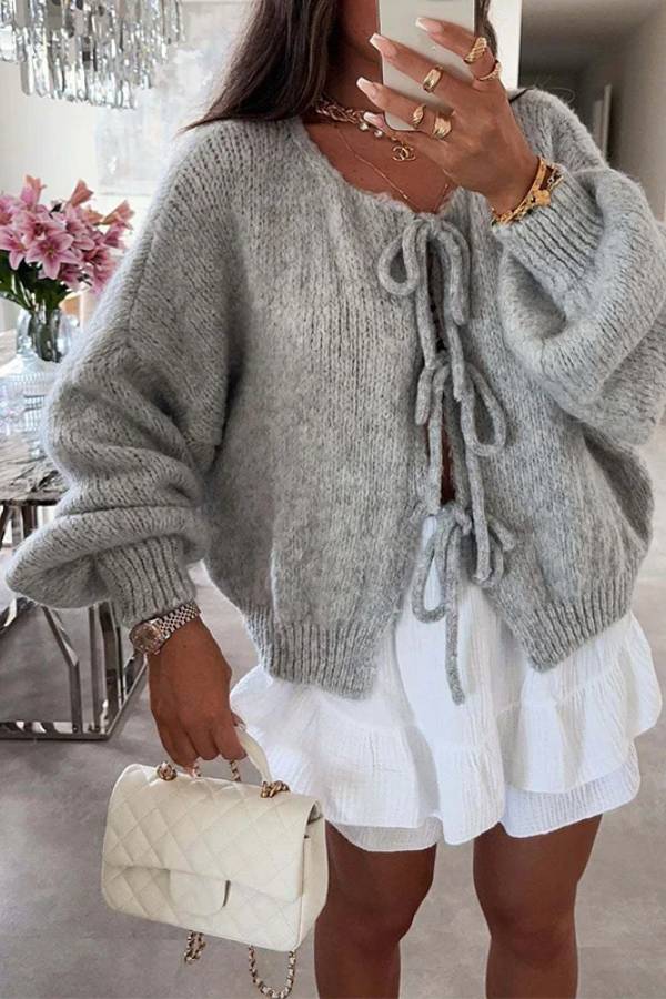Stylish Color Crew Neck Lace-up Sweater