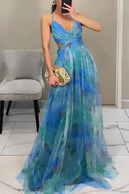 Giselle Tulle Render Print Cutout Waist Back Lace-up Maxi Dress