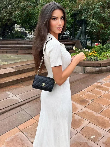 White Knit Maxi Dress for Short Sleeve Patchwork Party Dress Lapel High Waist Knitwear ’s Dress