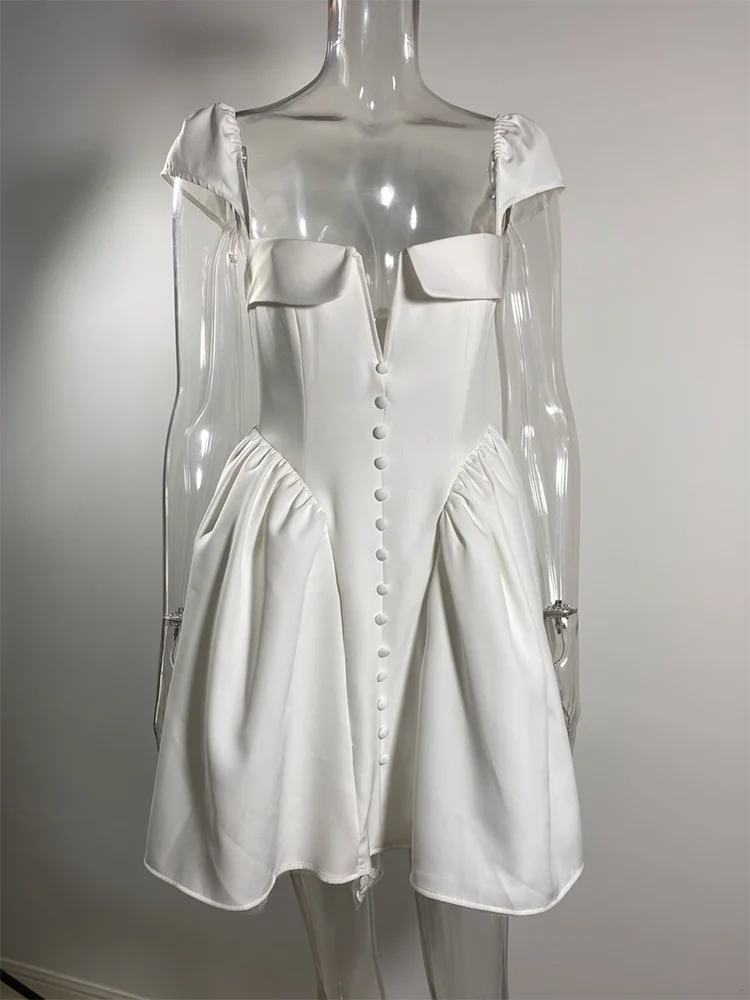 White Backless Mini Dress for Square Collar Short Sleeve High Waist A-line Club Party Dress