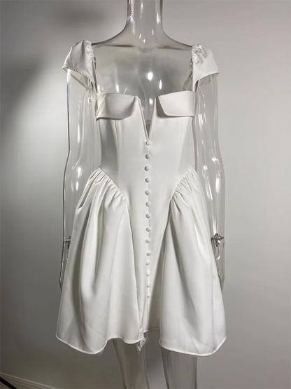 White Backless Mini Dress for Square Collar Short Sleeve High Waist A-line Club Party Dress