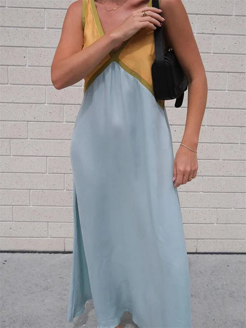 Patchwork V-neck Strapless Maxi Dress – Sleeveless Spring Party Dress