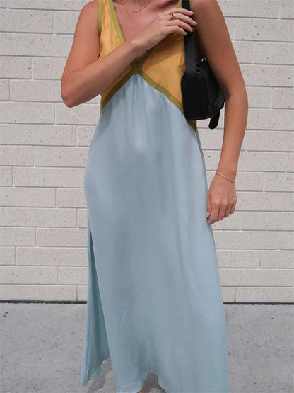 Patchwork V-neck Strapless Maxi Dress – Sleeveless Spring Party Dress