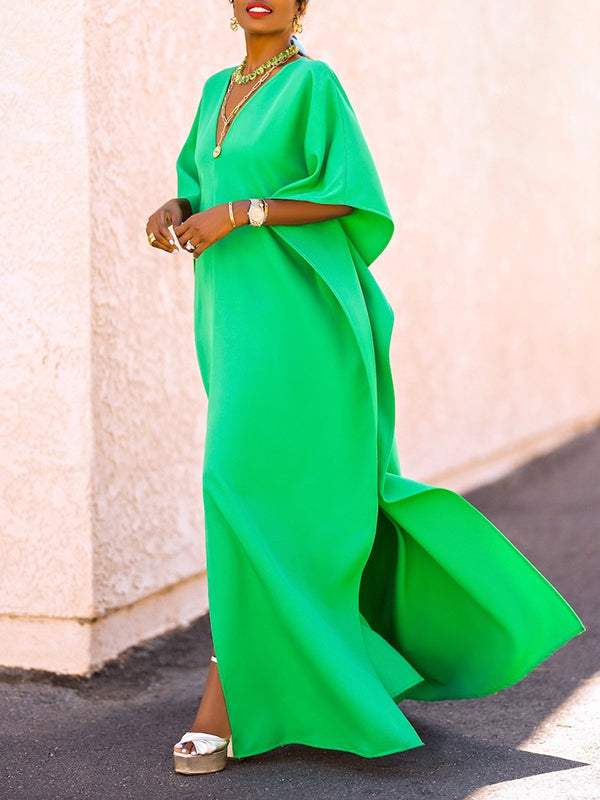 Batwing Sleeves Loose Color Split-side V-neck Maxi Dresses