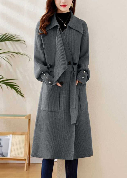 Grey Peter Pan Collar Tie Waist Knit Coats Winter Wd028