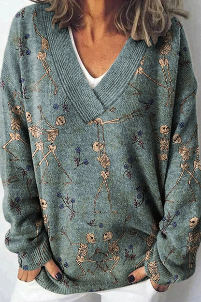 Unique Printed V-neck Long Sleeve Loose Sweater