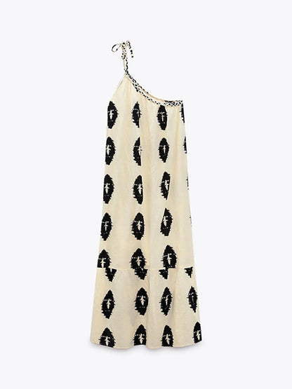 Summer Printing Suspender Maxi Dresses One Shoulder Backless Irregular Beach Dress Female Loose Long Dresses
