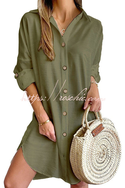 Color Button-down Shirt Style Mini Dress
