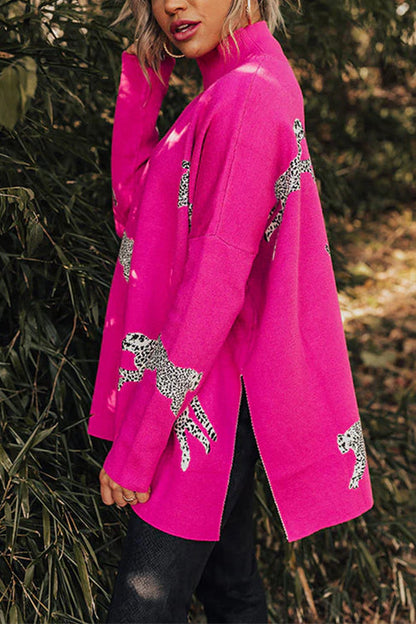 High Neck Side Slit Cheetah Pattern Sweater