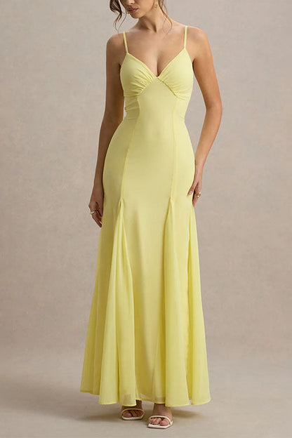 V Neck Adjustable Strap Bodycon Flare Maxi Dress