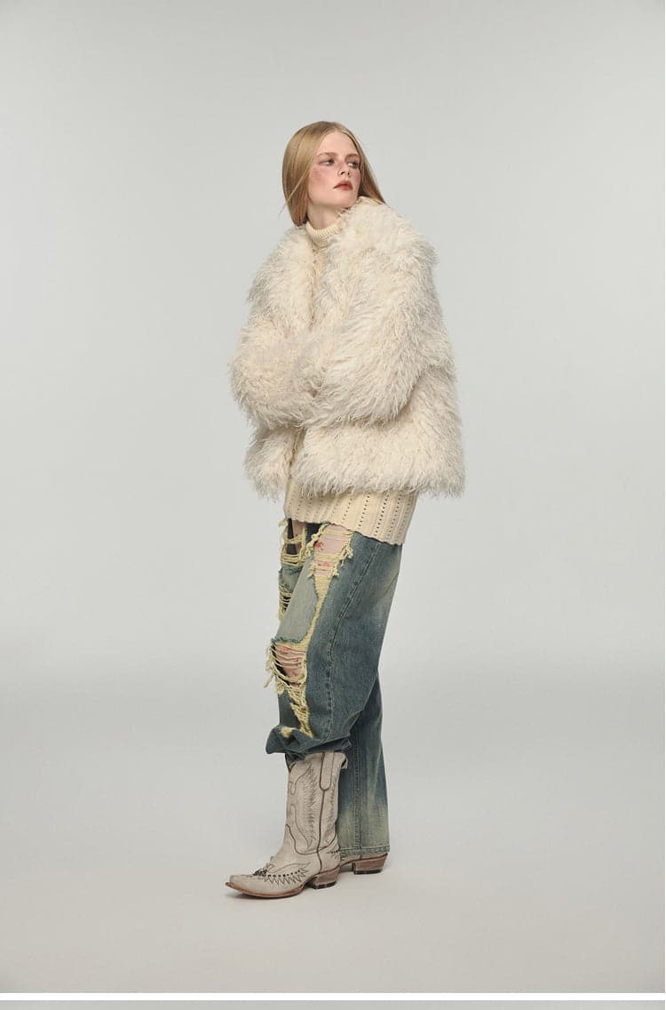 Fluffy Long Lapel Color Versatile Eco-fur Coat