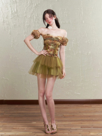 Retro Rose Tulle Frill Top & Mini Skirt