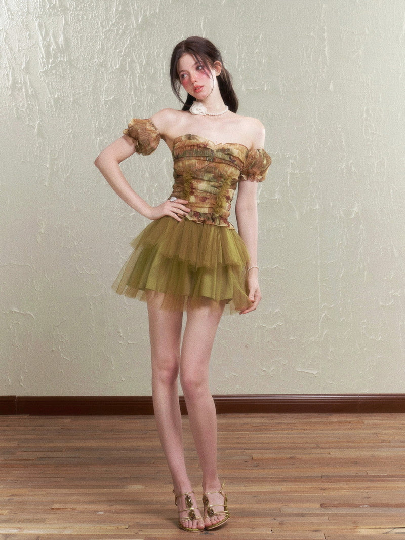 Retro Rose Tulle Frill Top & Mini Skirt